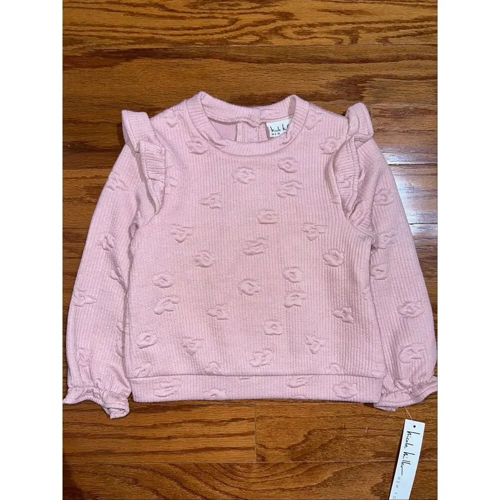 NWT Nicole Miller Girls Pale Mauve Pink Floral Ribbed Ruffle Fleece Top Size 4T